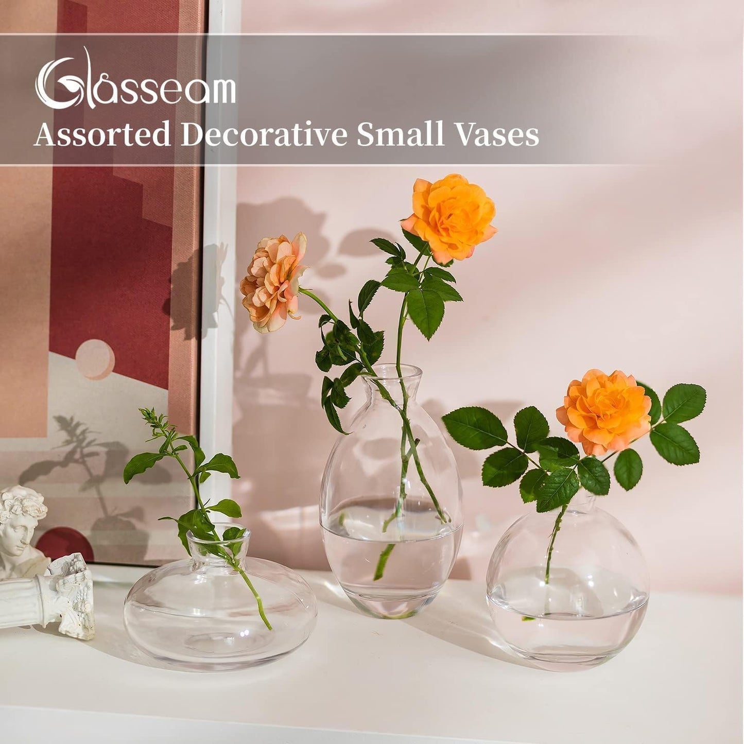 Glasseam Clear Glass Bud Vase, 3Pcs/Set Modern Decorative Small Mini Flowers Vases Short Minimalist Aesthetic Home Decor Vintage Cute Handmade Tiny Wedding Table Centerpieces for Single Flower Rose BST326H