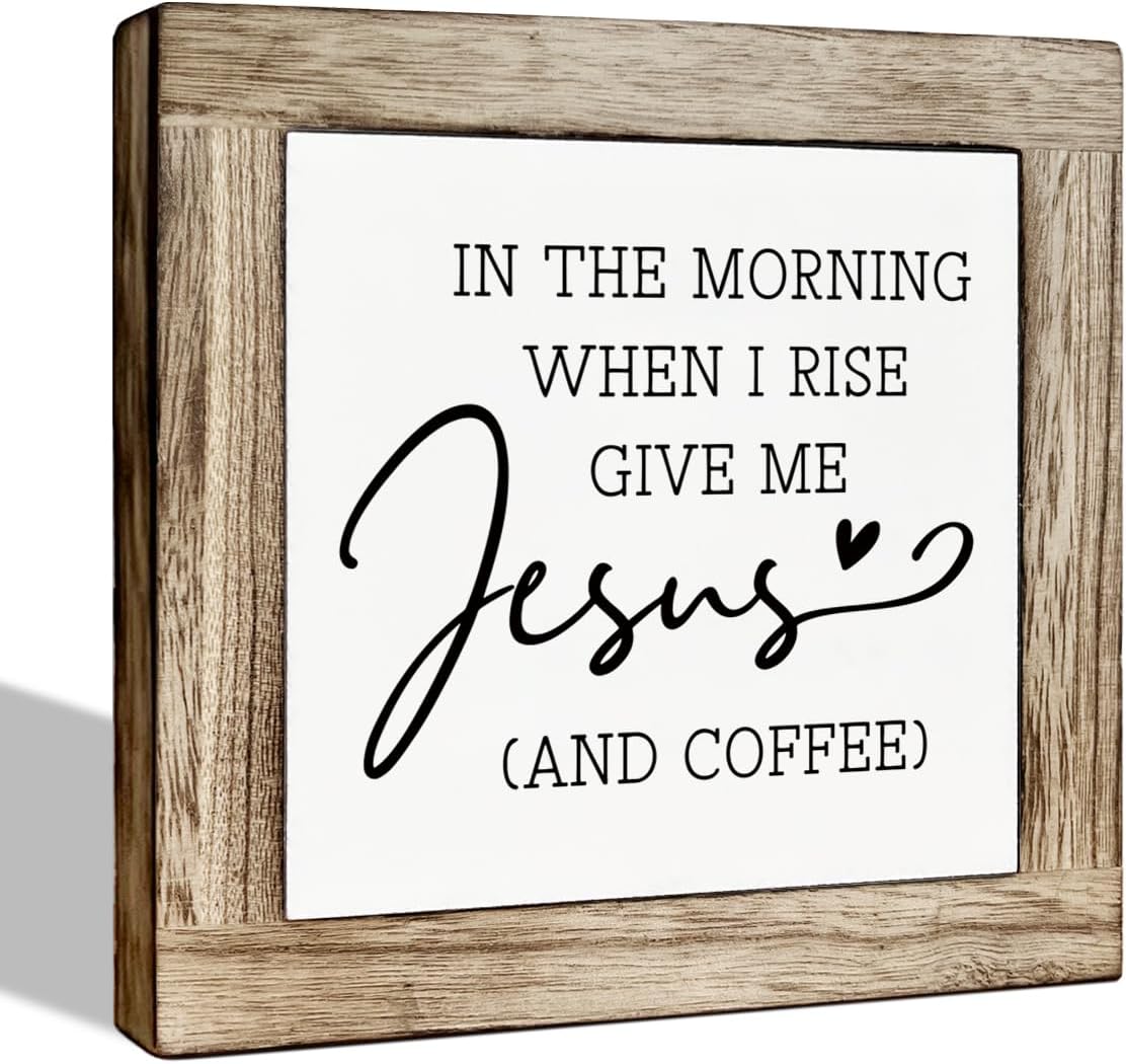 Funny Wooden Coffee Bar Decor Sign, Bar Decorations, in the Morning When Rise Give Me Jesus (and Coffee), Cafe Table Top Shelf Accessories, Cafe Signs Decor 5.9x5.9 Inches BST202