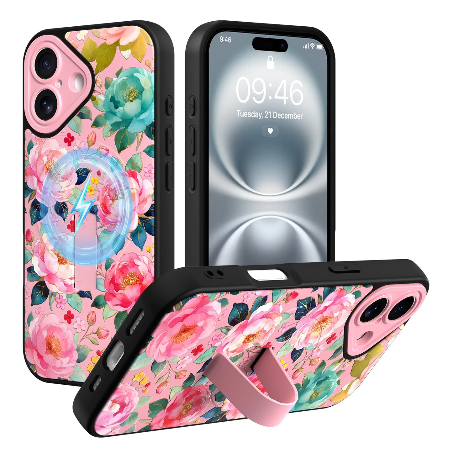Compatible with iPhone 13 Case, Cute Cheetah Leopard Pattern | Built in Adjustable Wrist Strap Grip Hand Holder Stand Shockproof Kickstand Cover for Women Girls (Black White) WN420
