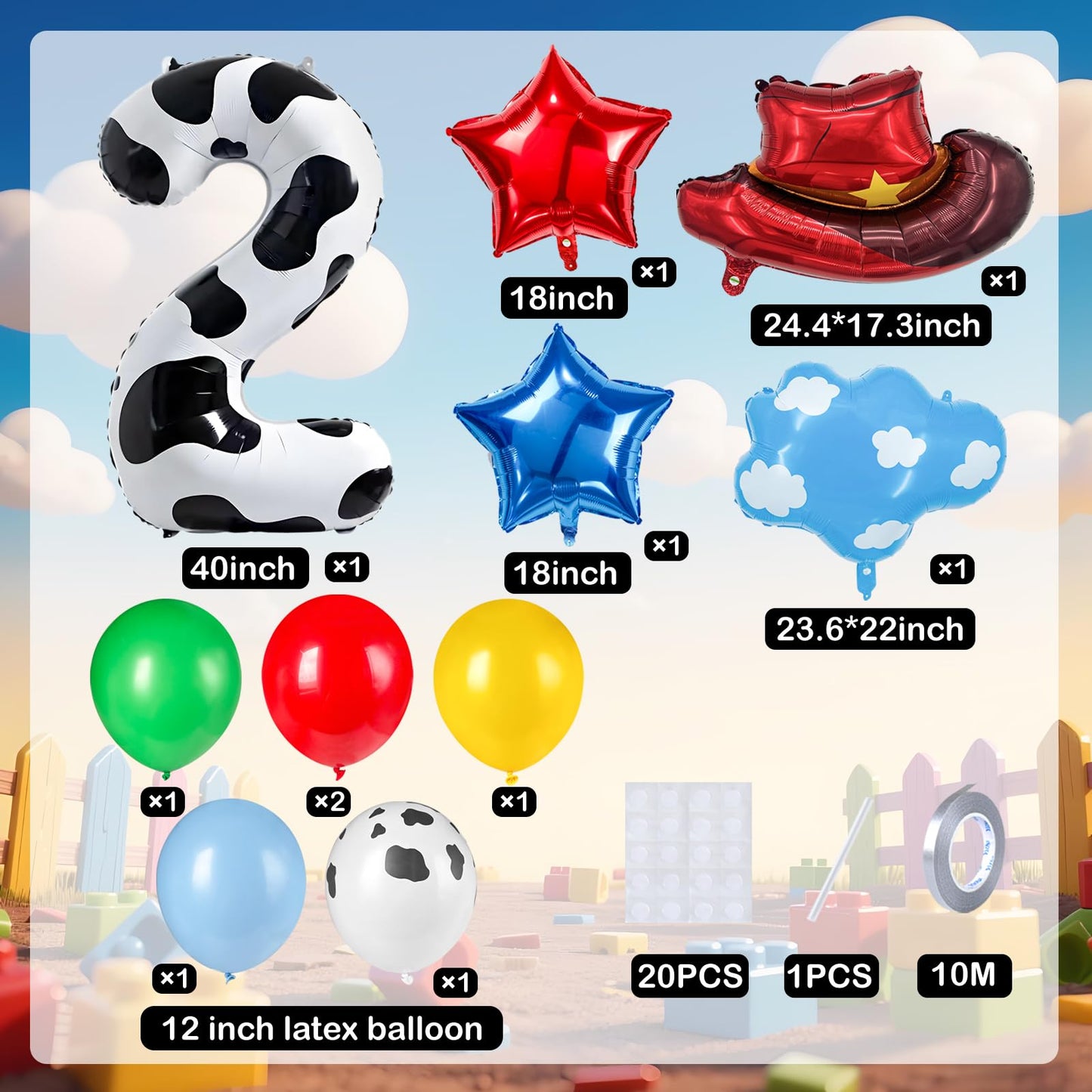11-Pack Cowboy Theme Balloon Set, Farm Theme Decorations, Balloons with Hats and Clouds, Boys and Girls Birthday Party Supplies (1) BST202