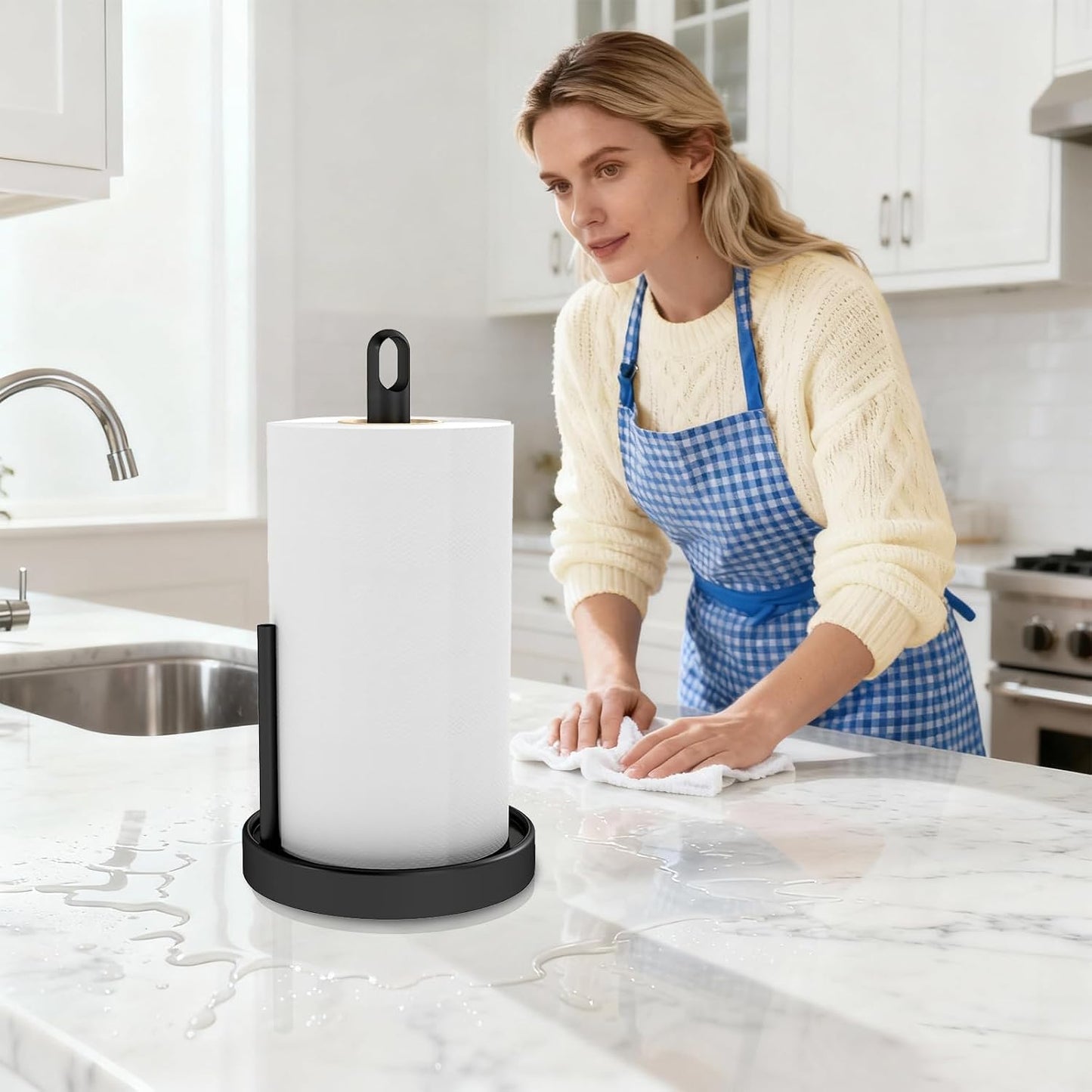 STWWO Paper Towel Holder Countertop, Freestanding Paper Towel Holder, Black | Paper Roll Holder with Anti Slip Weighted Base, Stainless Steel Heavy Duty Papertowel Holder, Kitchen Roll Holder BST326H