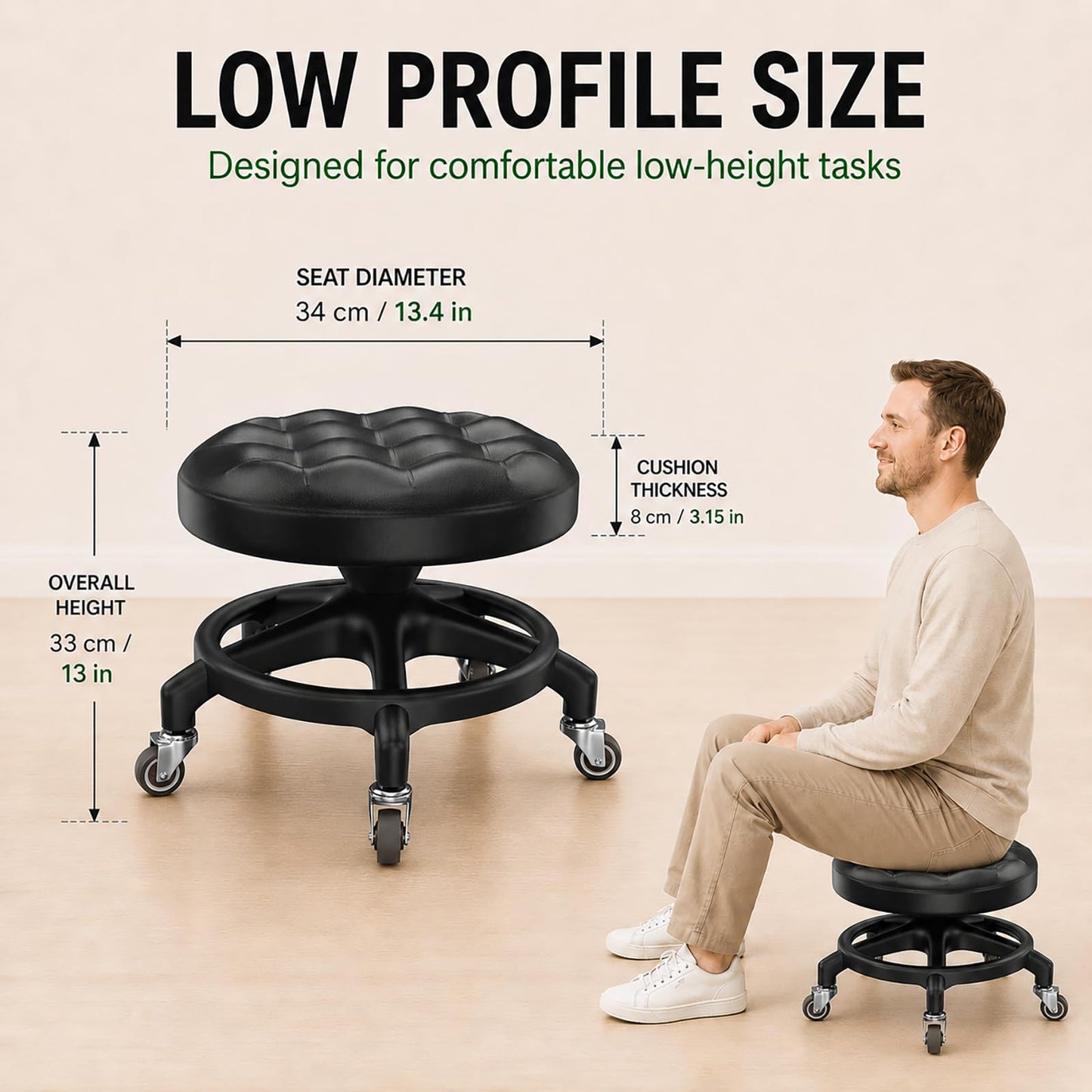 Low Rolling Stool with Smooth & Quiet Bearing Rubber Wheels, Heavy Duty 600 lb Capacity Mechanics Rolling Seat for Garage, Salon, Cleaning & Auto Repair, Black Seat with Black Frame WN420