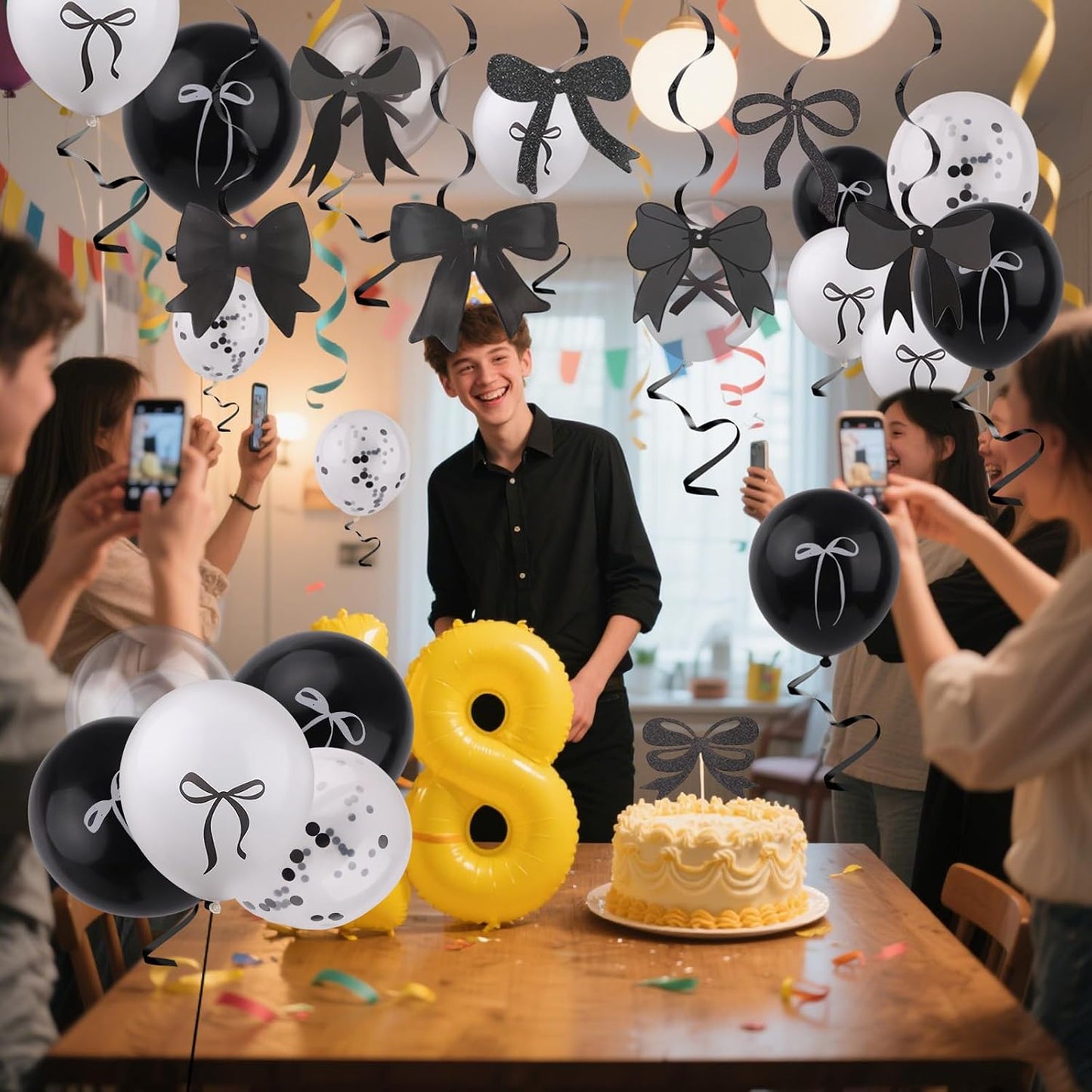 Black Bow Birthday Party Decorations, Bow Coquette Party Decor with Happy Birthday Banner Garland Black White Balloons Hanging Swirls Cupcake Toppers for Girls Women Bow Theme Decor BST220