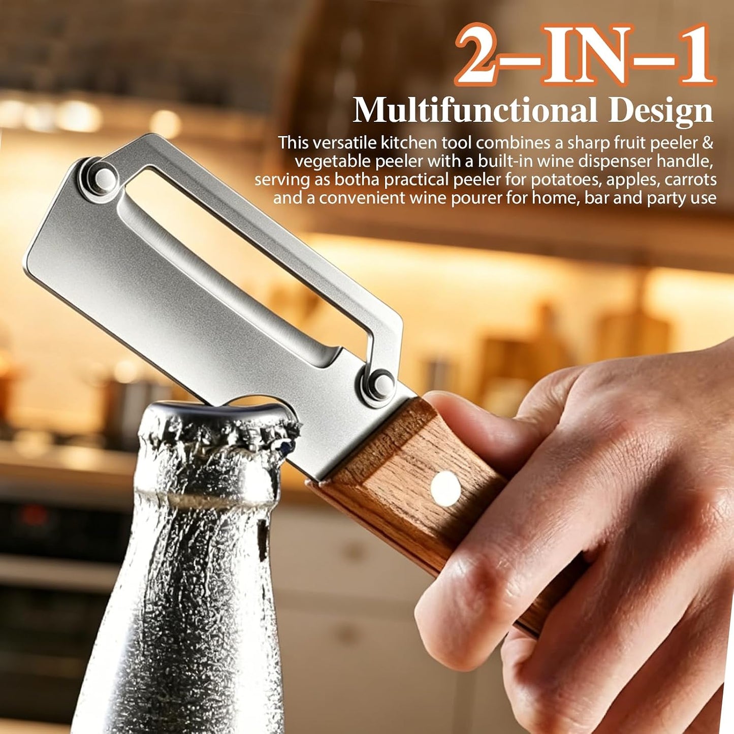 (3 PCS) 2 in 1 Multi Functional Vegetable Peeler with Wooden Handle and Bottle Opener, Stainless Steel Blade Kitchen Tool for Fruit Apple Potato Pumpkin Papaya BST326H