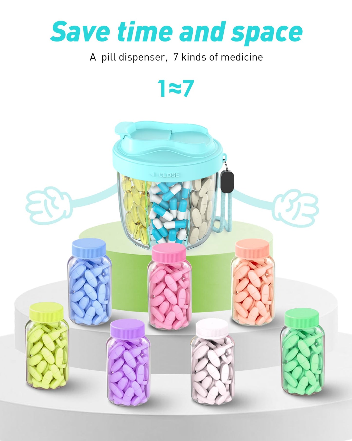 Cute Pill Organizer,Pill Dispenser with 7 Large Compartments,Portable Pill Bottle Box with Wide Opening for Easy Use, Anti-Mix Pills Organizer for Travel,Includes 20 Pcs Sticky Labels(Black) WN420