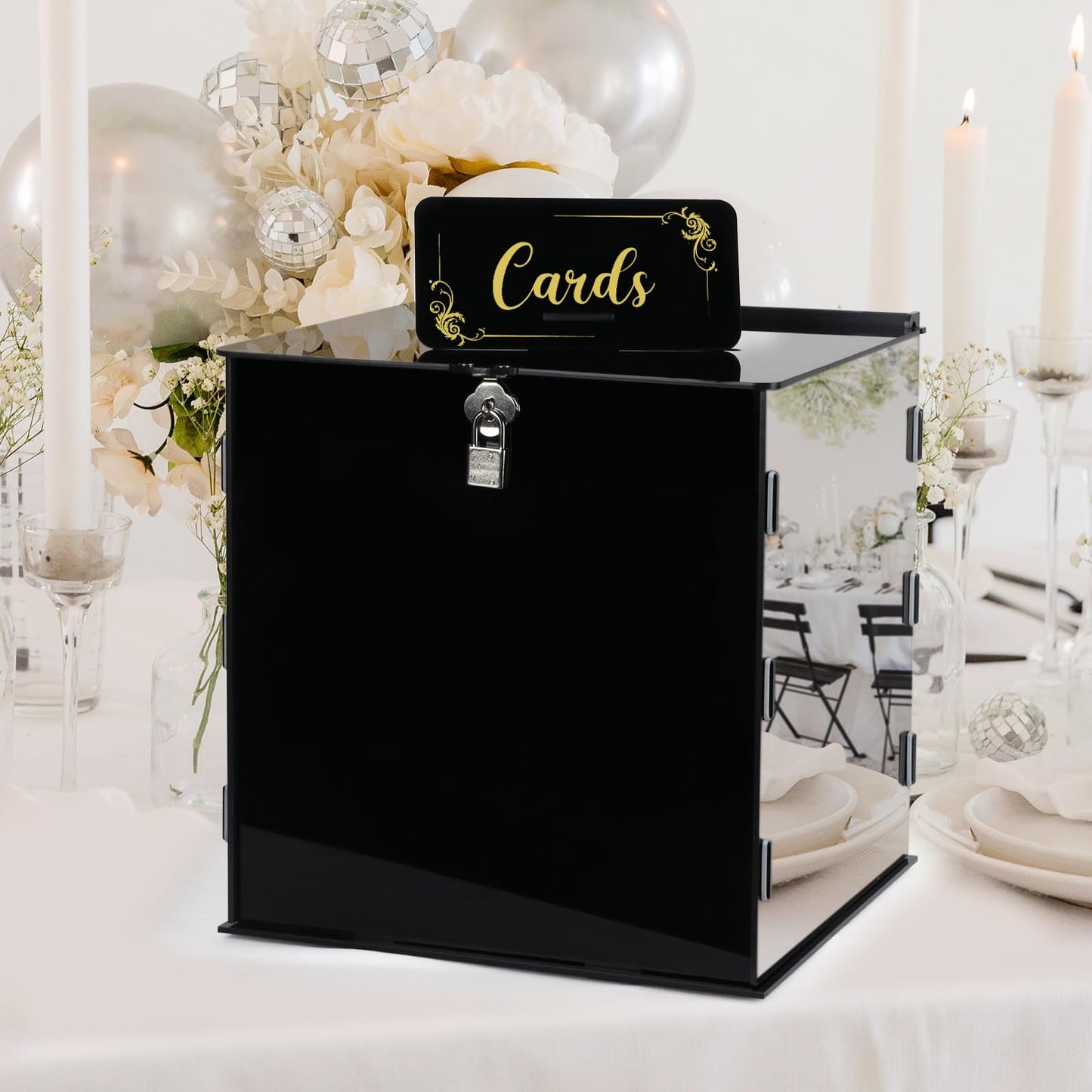 Fowecelt Acrylic Wedding Card Box with Lock Black Card Box DIY Large Rustic Card Box for Wedding Reception Bridal Shower Birthday Baby Shower Party Graduation Decorations (10x10x10 Inch) BST326H