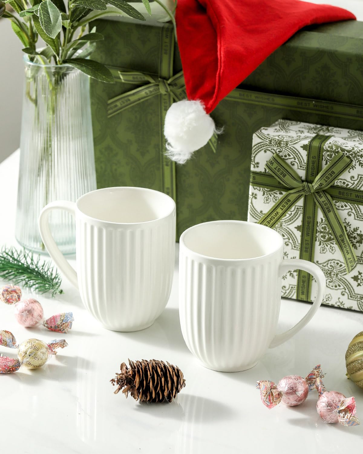 HASENSE Textured Large Coffee Mugs Set of 4, 16 Oz Ribbed Ceramic Cups with Large Handle for Latte Tea Cappuccino, Stackable Embossed Mug Set for Mom Dad, Microwave Dishwasher Safe, Creamy White BST220