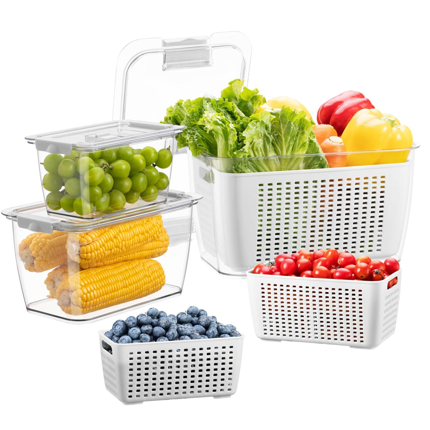 LUXEAR 4 Pack Fruit Vegetable Containers for Fridge, Produce Saver Container with Lids &Removable Colander BPA-free Refrigerator Storage Organizer for Fruit Vegetable, Berry, Meat keep Fresh Longer DD1210