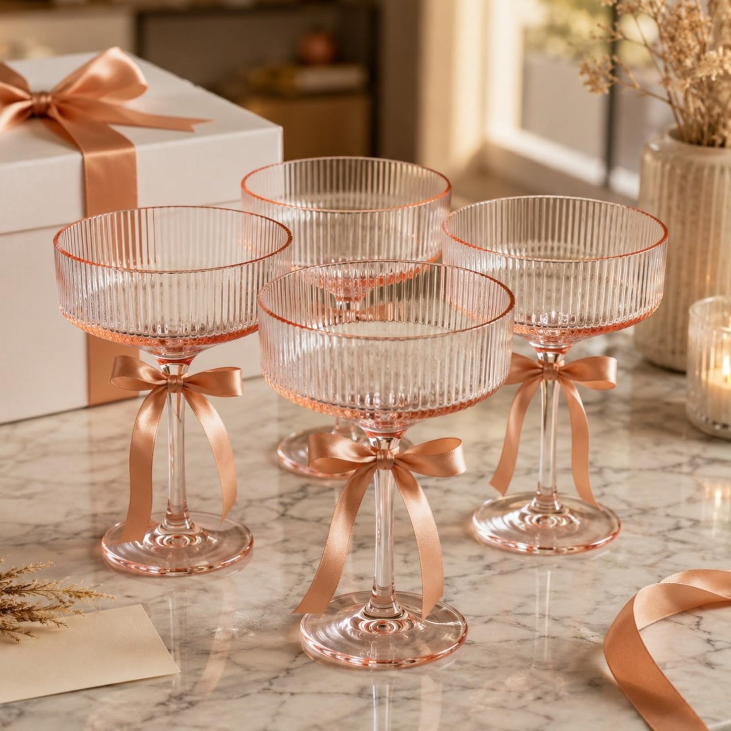 Khen Pink Peach Acrylic Ribbed Coupe Martini Champagne Cocktail Glasses, Set of 4, 8 oz Shatterproof Ripple Stemware European Style Reusable Drinkware Goblets, Indoor Outdoor Parties Weddings Bar Gift BST220