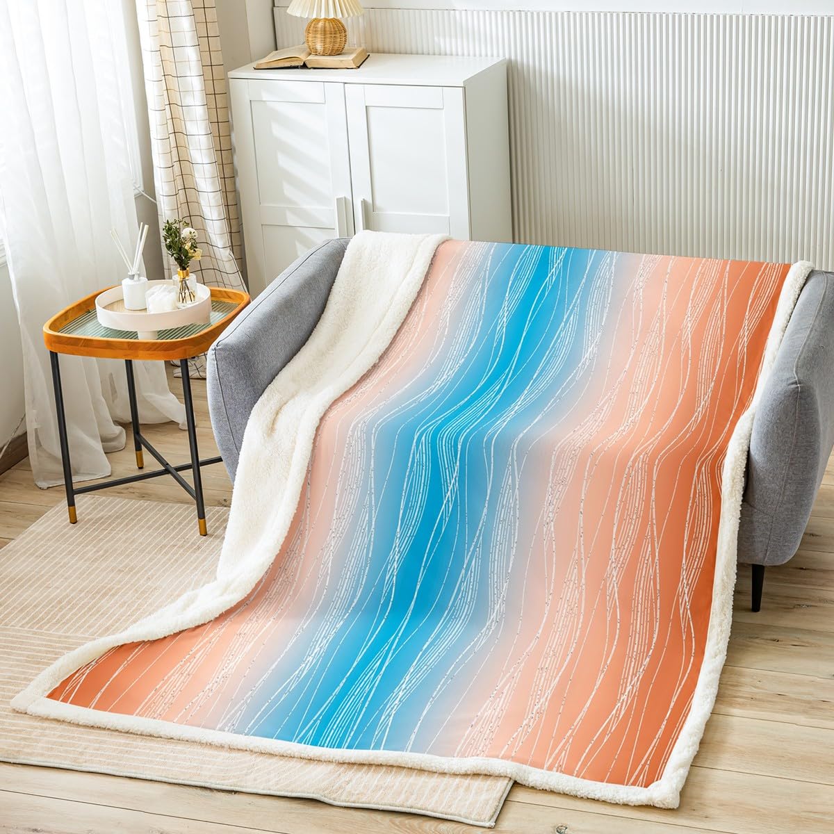 Erosebridal Boys Blue Red Throw Blanket 40"X50" Abstract Ombre Kids Fleece Bed Blanket Geometric Striped Sherpa Blanket Silver White Wavy Line Warm Fuzzy Blanket Soft Lightweight Bedroom Decor BST326H