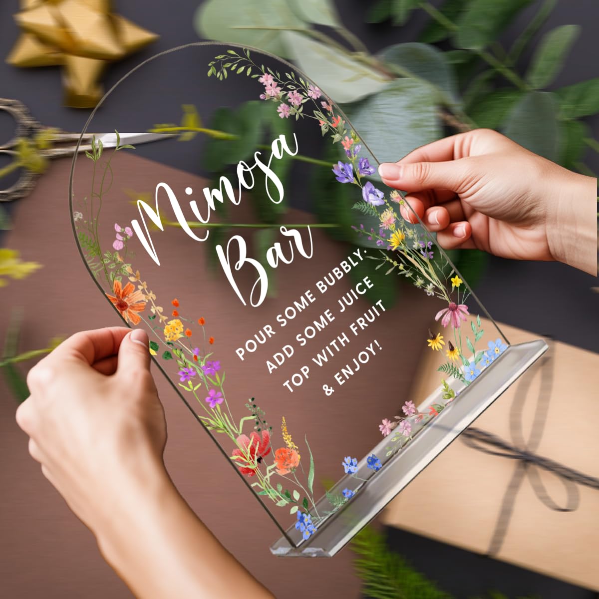 Acrylic Wedding Signs, Pick A Card Signs for Marriage Reception, Bridal Shower Decorations, Modern Arched Round Top Acrylic Table Top Sign with Holder for Wedding Party Dinner (Clear Wildflowers) BST326L
