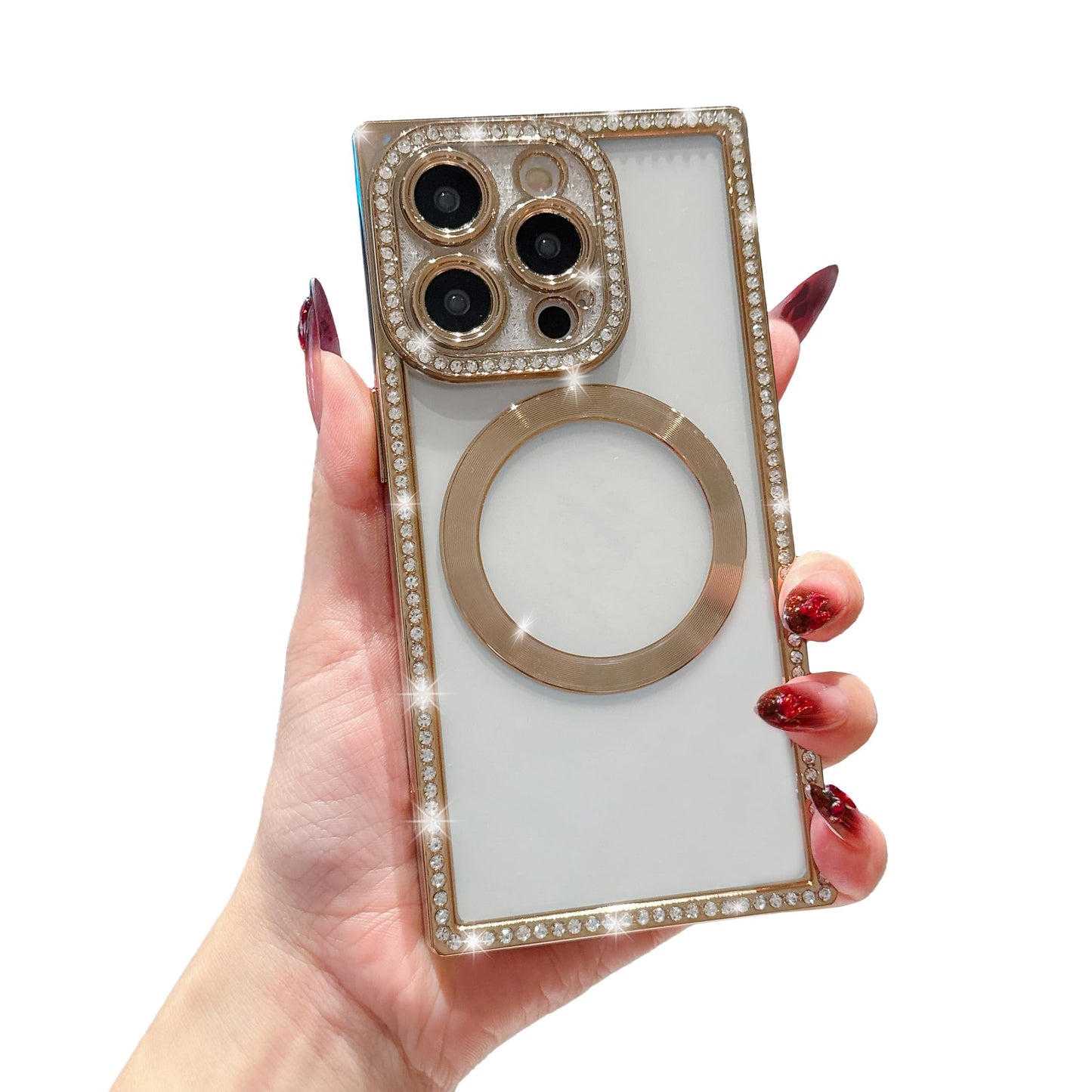 Owncase Magnetic for iPhone 13 Pro Case, Compatible with Magsafe, Crystal Diamonds Glitter Electroplated Edge Soft TPU Clear Phone Case for Women Girls, Gold WN420