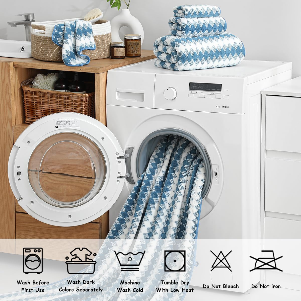 12 Pcs Light Gray Diamond Towel Set-4 Bath Towels,4 Hand Towels,4 Washcloths Soft Polyester Towels with Loop Absorbent Shower Towel Quick Dry Beach Chair Towel Family Towels for Bathroom Spa Gym Pool BST220