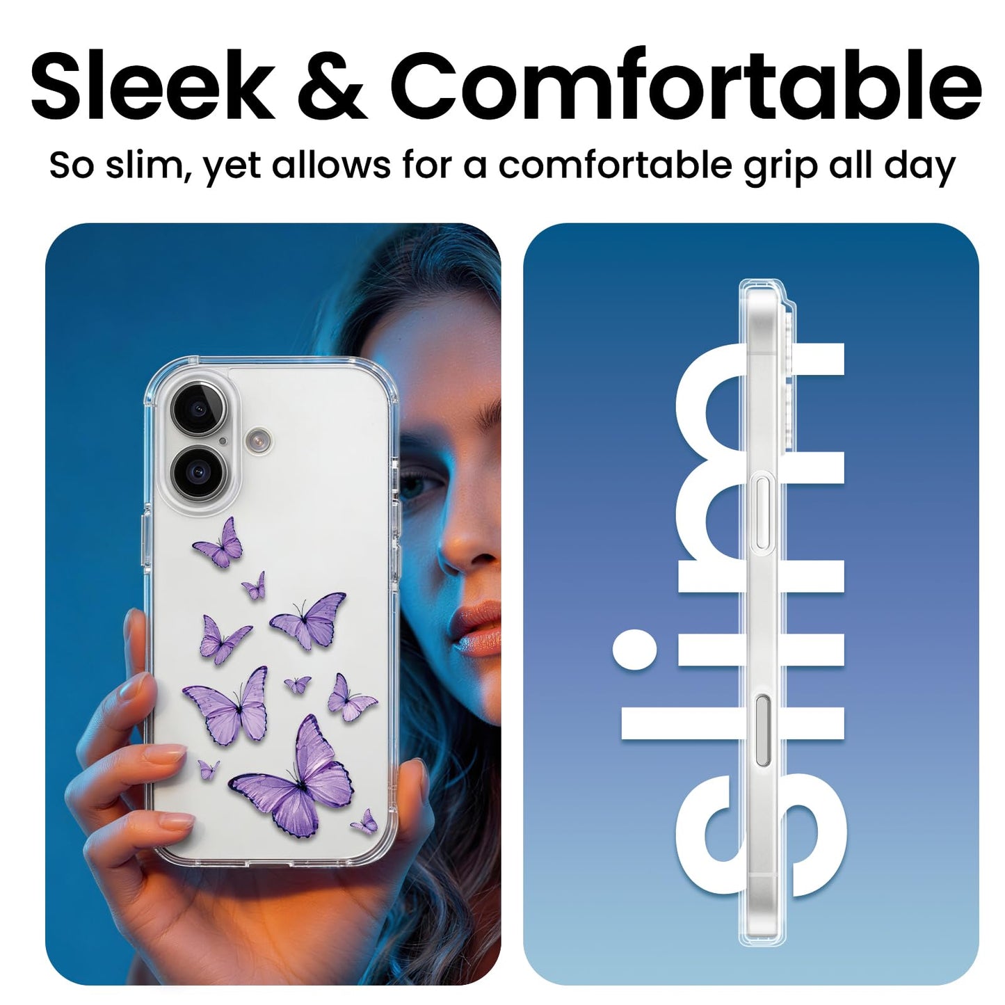 Cute Girly Crystal Clear Case Compatible with iPhone 16 Pro, Camera Control & Shockproof Protection Floral Case for Women, Blue Butterflies WN420