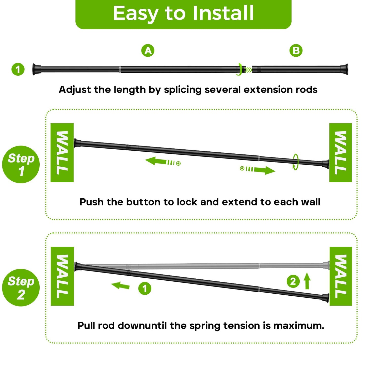 White Shower Curtain Rod 32 to 76 Inches Adjustable, 7/8 Inch Diameter Heavy Duty Tension Curtain Rods No Drill, Rust-Resistant Tension Rod for Bathroom, 1 Pack BST326H