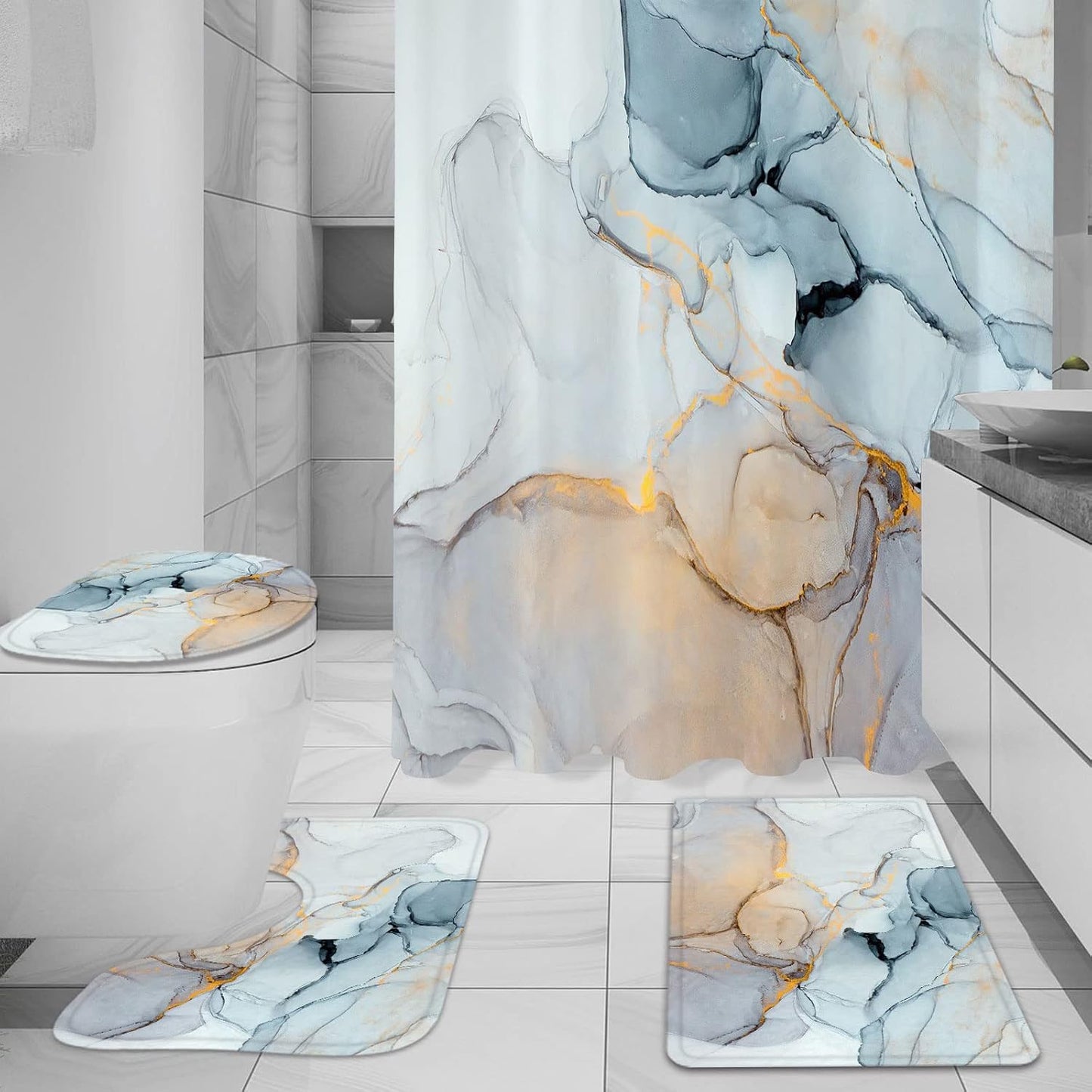 Gibelle 4 Pcs Bathroom Shower Curtain Set with Non-Slip Rugs, Toilet Lid Cover and Bath Mat, Grey Blue Marble Bathroom Decor Set with Shower Curtain and Rugs and Accessories BST326H