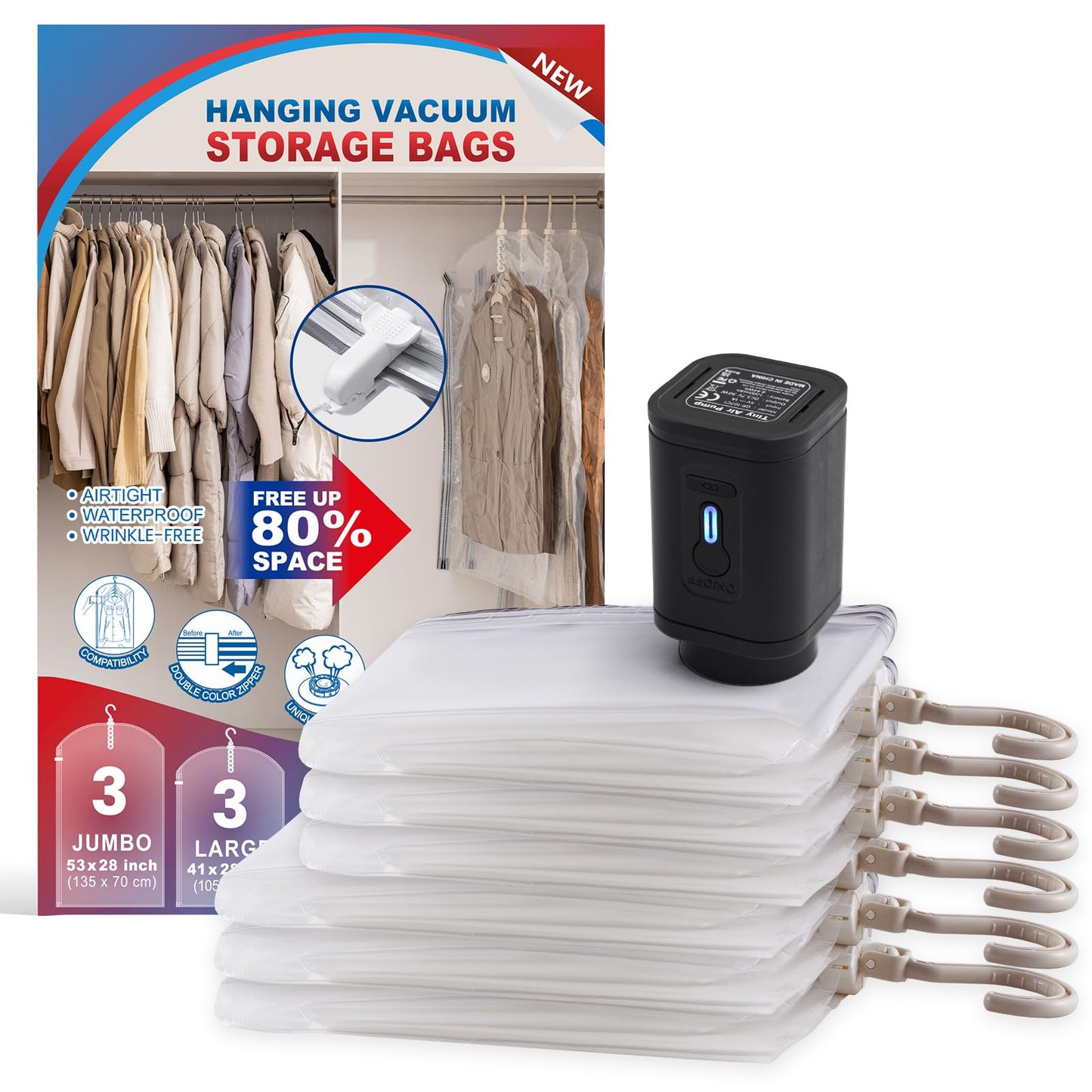 Hanging Vacuum Storage Bags, 6 Pack Hanging Storage Bags for Clothes With Electric Pump N27