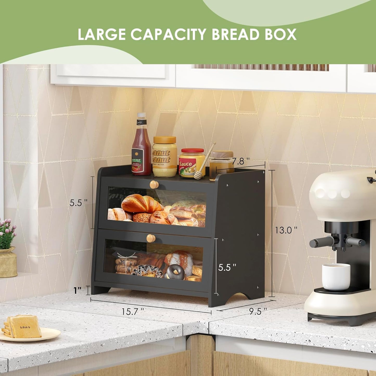 JANSNIMEN Double Layer Bread Box for Kitchen Countertop, Large Breadbox Bread N25