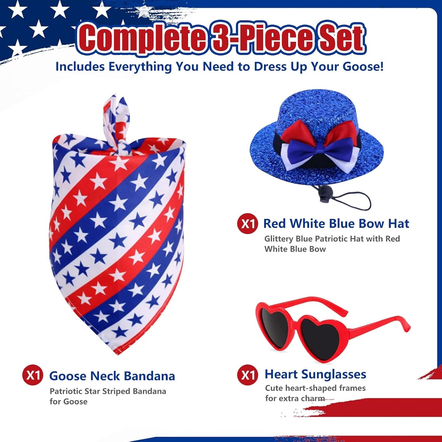 Chris.W 4th of July Porch Goose Outfit Patriotic Porch Goose Outfits with Hat Sunglasses & Star Bandana for 23" 19" 17" Garden Goose Statue, American Flag Independence Day Yard Decor BST326H