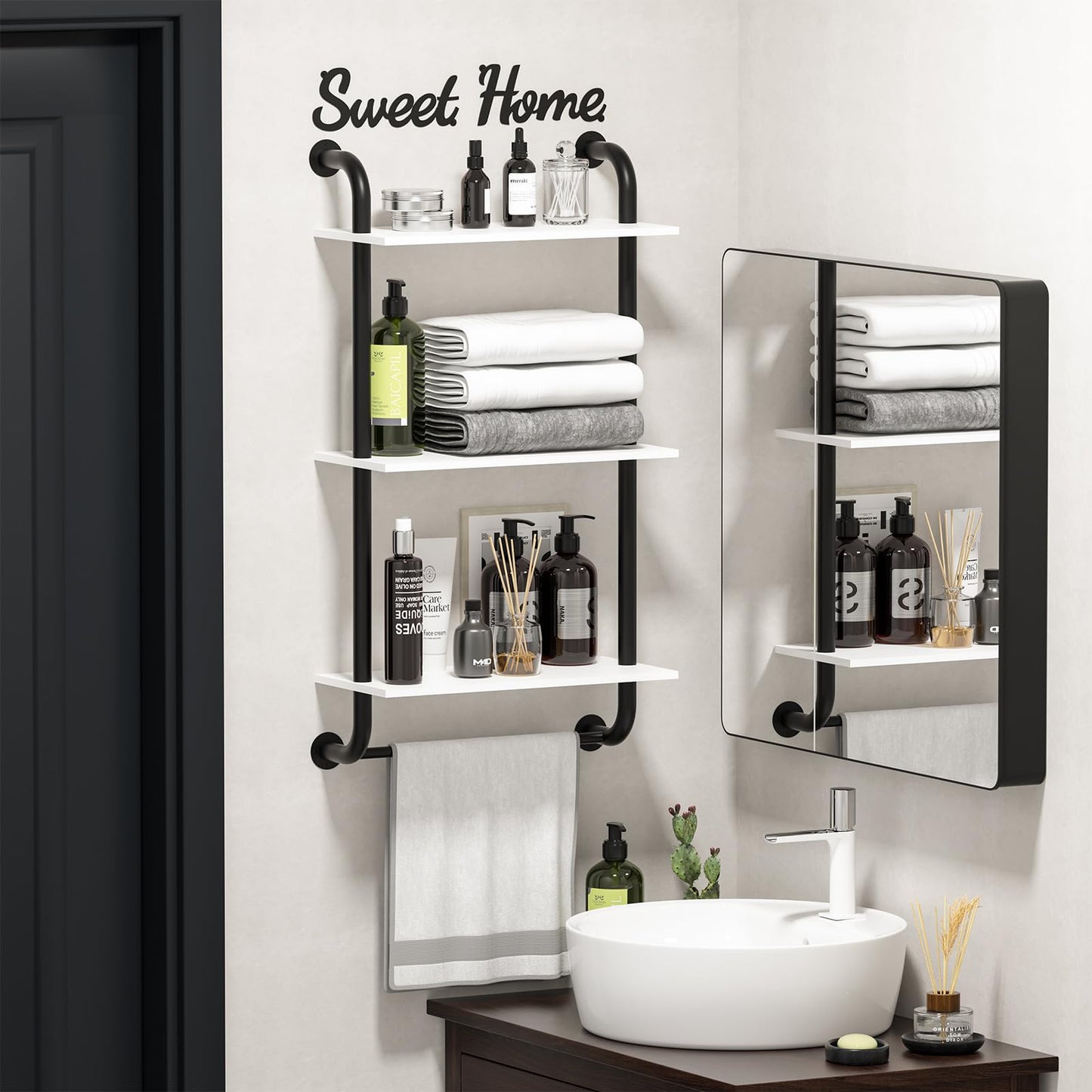 Tinpin Bathroom Shelves Wall Mounted, Rustic Farmhouse Pipe Shelves, Walls Shelf 3-Tier, Industrial Pipe Shelving, Floating Shelf Wall Decor for Bathroom, Kitchen, Bedroom, Living Room 17.3in Black DD1210