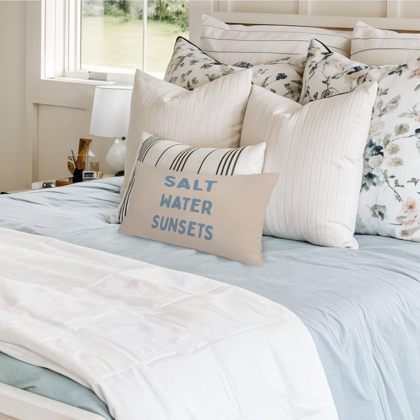Coastal Beach Girly Room Decor 12x20 Pillow Cover, Preppy Beach Navy Blue Bikini Striped Decorative Lumbar Pillow Covers for Girls Bedroom College Dorm Sofa Couch BST326L
