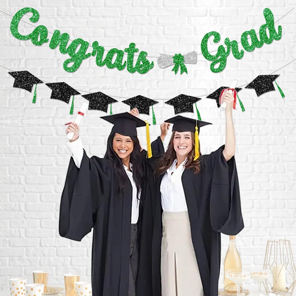 Glitter Green Congrats Grad Decorations Banner Pre-Strung Graduation Decorations Class of 2026 Banner Green and Black Congrats Grad with Tassel Decor College High School Graduation Party Favors no DIY BST220