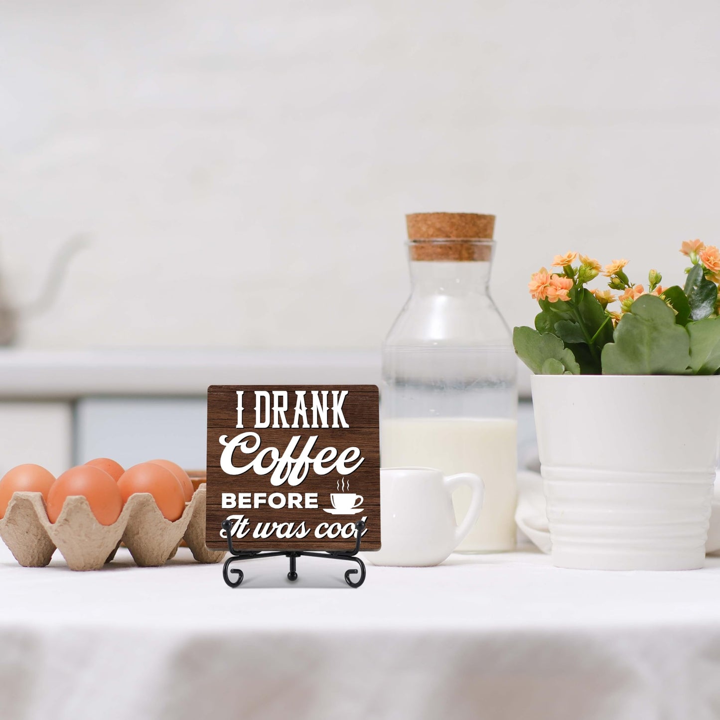 Coffee Bar Decor, Farmhouse Kitchen Table Decor, Coffee Station Accessories, Wooden Decorative Sign with Iron Stand for Table Desk Shelf Display-E21 BST220