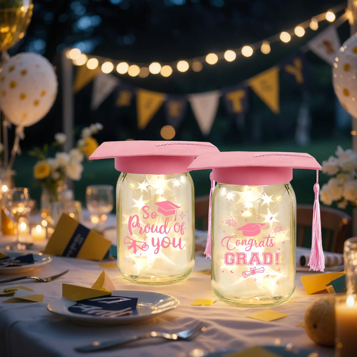 3 Sets 2026 Graduation Centerpieces for Tables, Glowing Mason Jar Centerpieces with Graduation Caps, Glowing Money Jars for College High School Congrats Grad Party Decor Supplies WN420