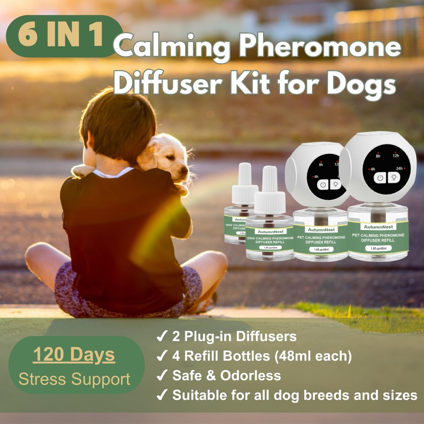 8-in-1 Dog Calming Pheromone Diffuser Kit – Pet Stress Support (2 Plug-Ins & 6x48ml Refills), Calming Diffuser for Dog During Thunderstorms, Travel, Separation, Fireworks & Vet Visits, 180-Day Supply WN420