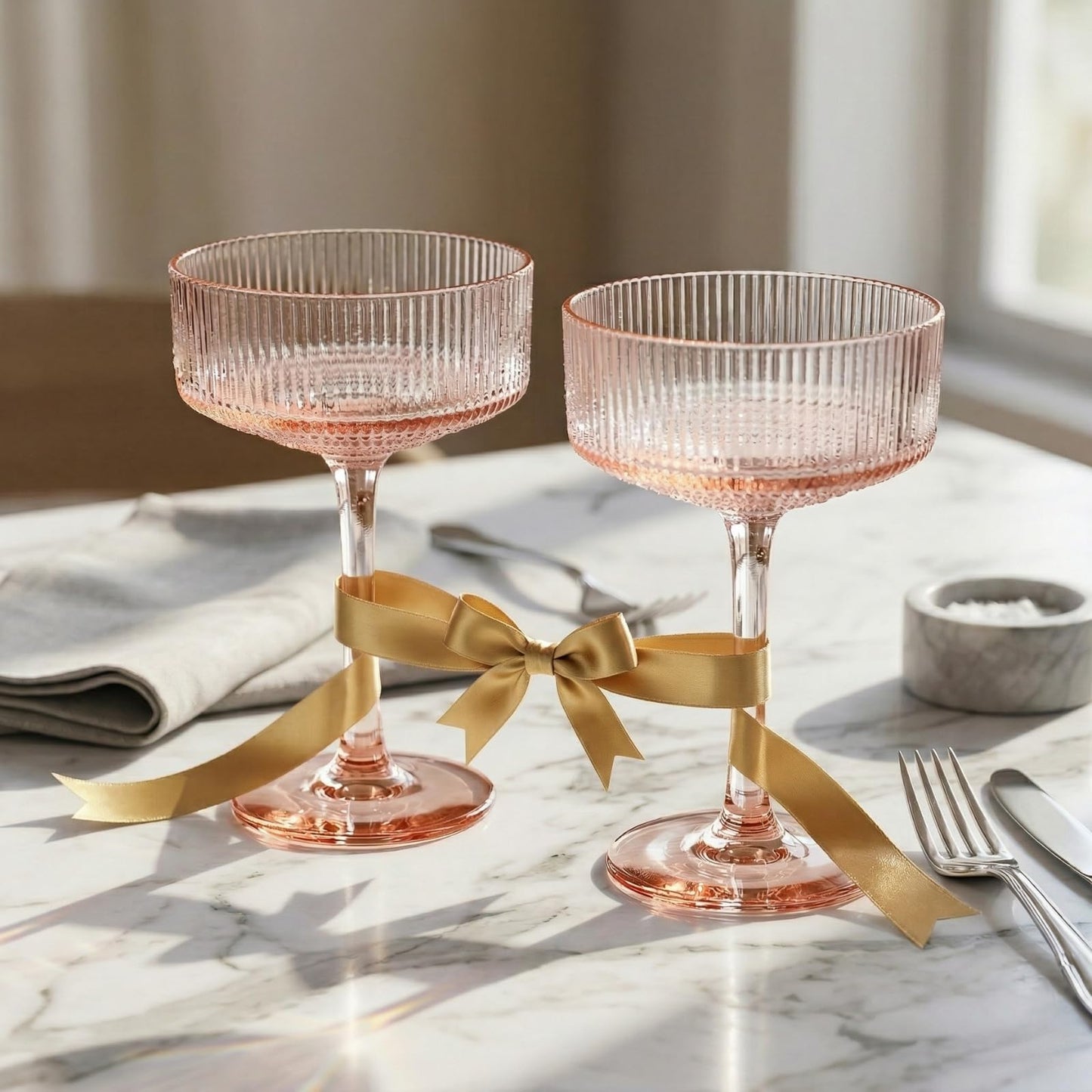 Khen Pink Peach Acrylic Ribbed Coupe Martini Champagne Cocktail Glasses, Set of 4, 8 oz Shatterproof Ripple Stemware European Style Reusable Drinkware Goblets, Indoor Outdoor Parties Weddings Bar Gift BST220