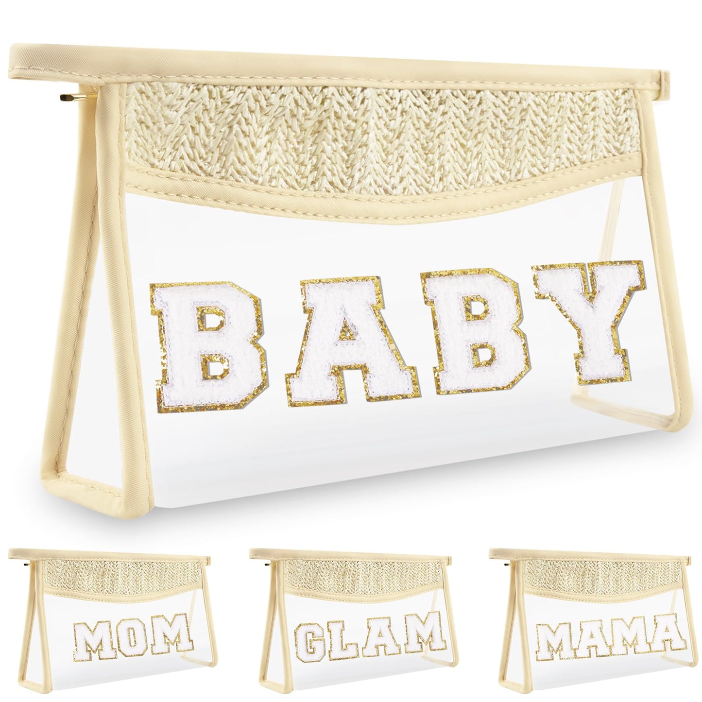 Boho Clear Makeup Bag Cosmetic Zipper Pouch Purse, Clear Toiletry Bags Travel Small Preppy Cute DIY Chenille Letter Bag, Transparent PVC Waterproof Clutch Make Up Organizer Storage Bag for Women Girls BST220