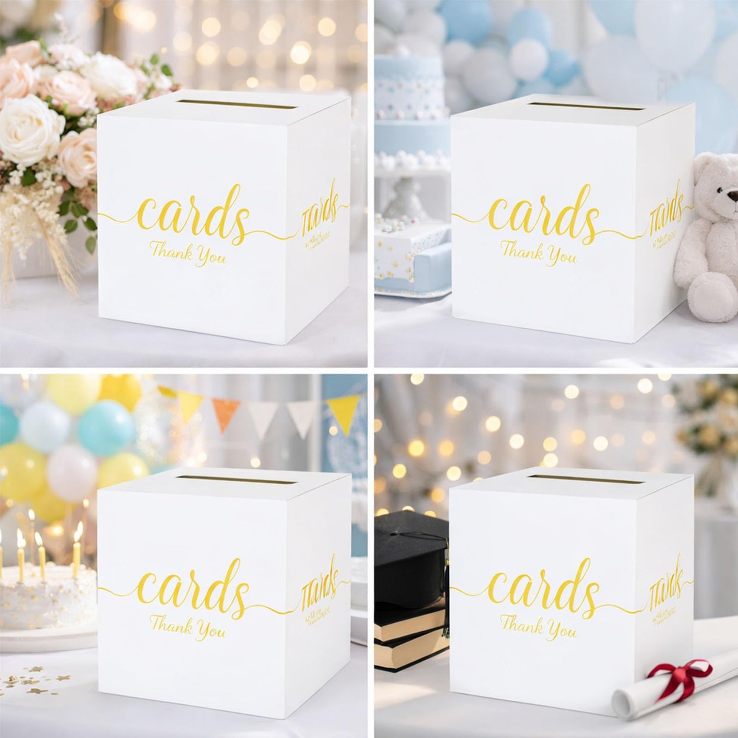 1 Pack White and Gold Wedding Card Box for Party Graduation Bridal Baby Shower Retirement Decorations Cardboard Birthday Card Holder Raffle Ballot Voting Box with Slot 7.8 x 7.8 x 7.8 In BST220