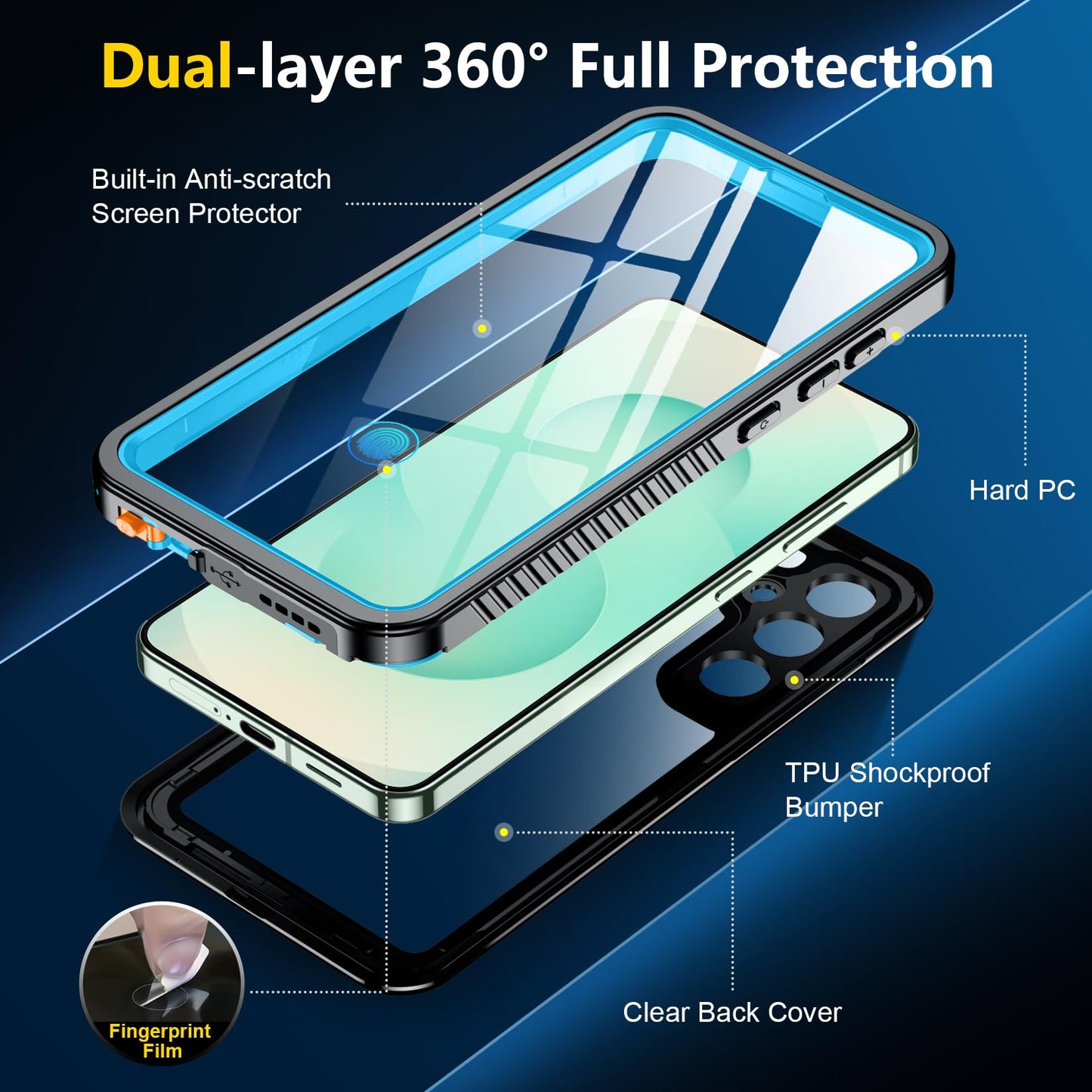SPIDERCASE Designed for Samsung Galaxy S23 Case Waterproof,Built-in Screen & Camera Lens Protector[IP68 Underwater][Military Grade Shockproof] Full Body Protection Phone Case, Black/Clear WN420