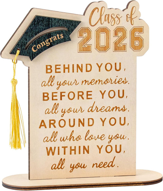 Graduation Decorations, Graduation Gifts for Class of 2026 | Graduation Quote Wood Sign Desk Decor, Positive Behind You All Your Memories Wood Plaque with Stand Desk Decoration Grad Gift WN420