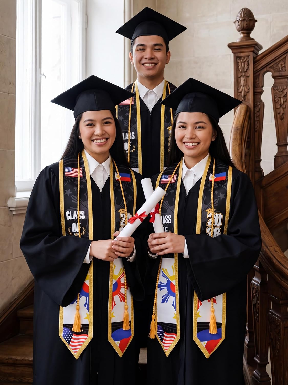 Shihanee 2 Pcs National Flag Graduation Stole with Cap Tassel Class of 2026 Mixed Country 72" Philippines and USA Flag Graduation Sash Honor WN420