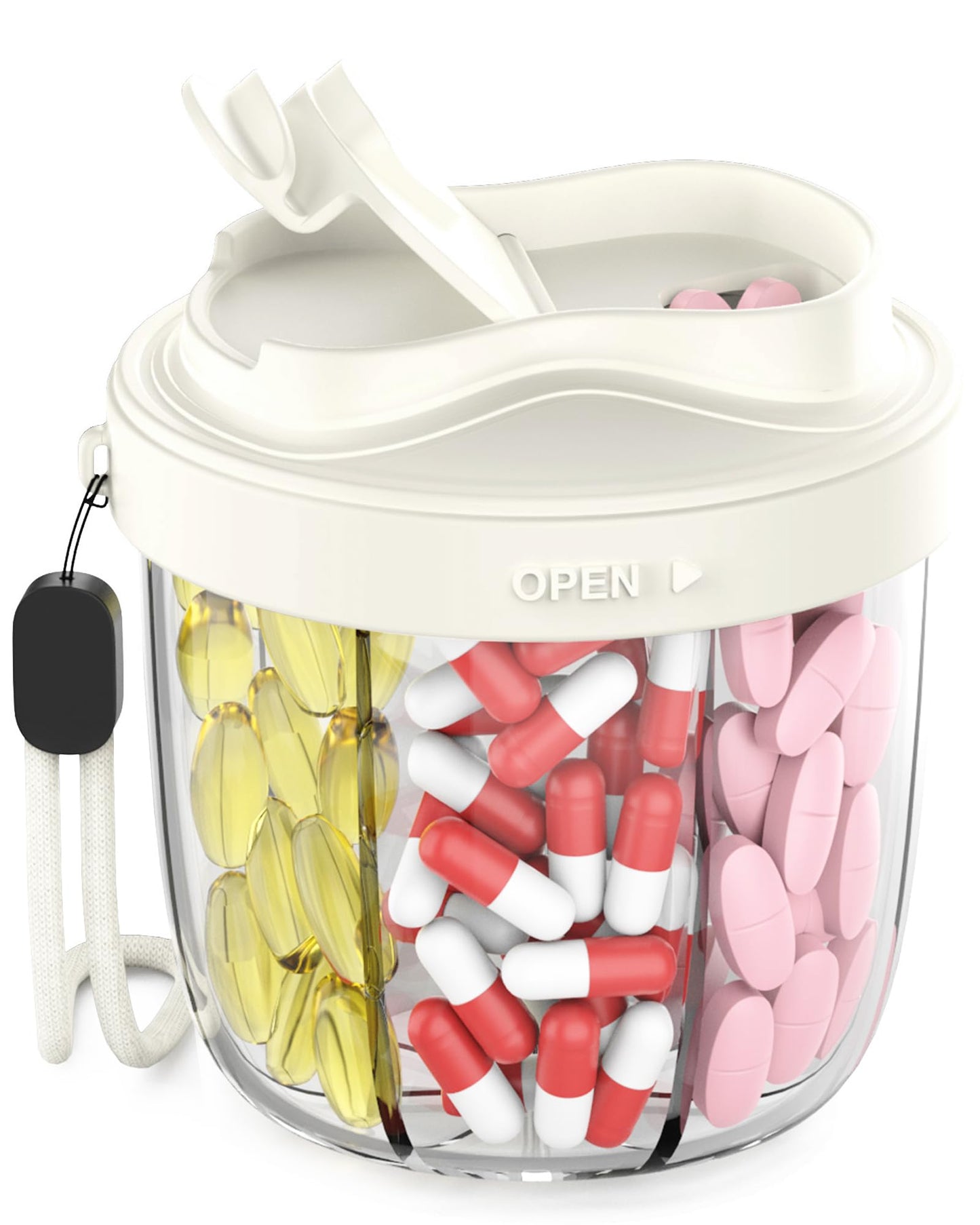 Cute Pill Organizer,Pill Dispenser with 7 Large Compartments,Portable Pill Bottle Box with Wide Opening for Easy Use, Anti-Mix Pills Organizer for Travel,Includes 20 Pcs Sticky Labels(Black) WN420