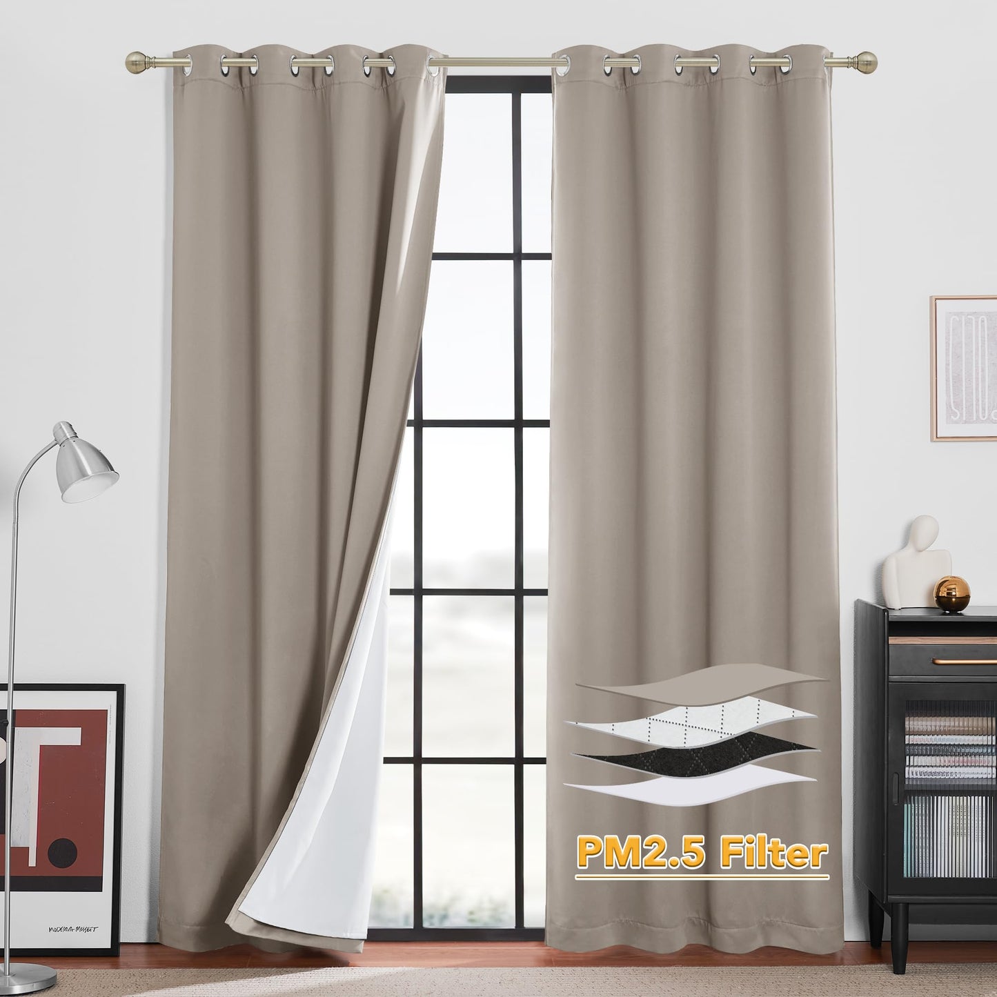 RYB HOME 4-in-1 Dust Filtering Soundproof Blackout Insulating Privacy Window Curtains for Nursery Bedroom Living Room Rivider Sound Absorption Sheet, Black, W52 x L90 inch, 2 Panels BST220