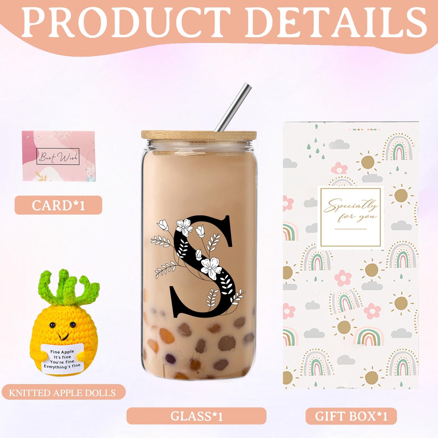 Monogrammed Initial Glass Cup with Lids and Straws gift for Women | Personalized Gift Set with Doll, 16 Oz Ice Coffee Cup ,reusable glass tumbler,Birthday Christmas Gift for Her,U WN420