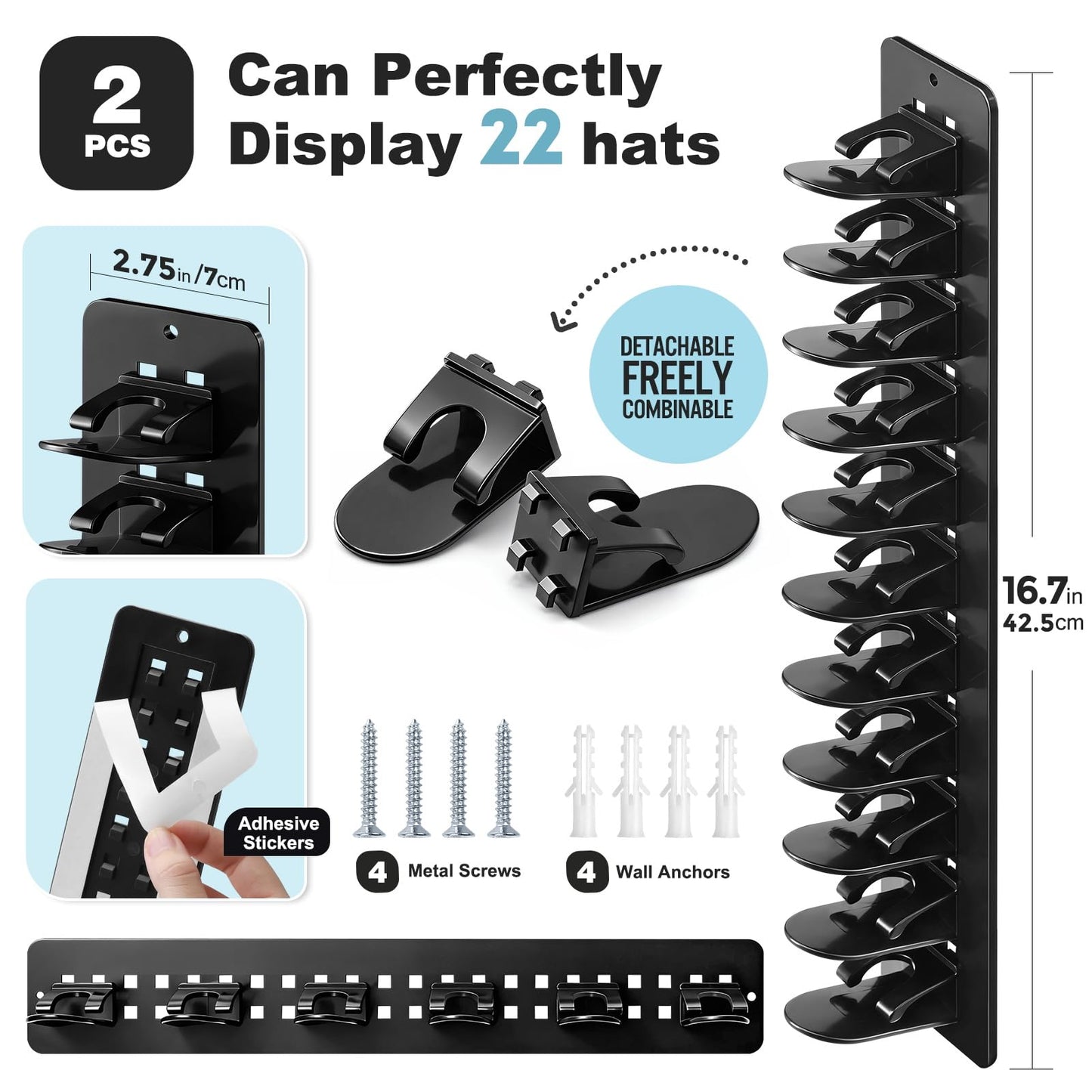 Hat Hook for Wall, 2 Pack Hat Organizer Hold up to 20 Hats,Hat Holder with Strong Adhesive and 8 Pack Screws, Cap Holder Hat Hangers for Wall Closet Door and Bedroom(B-Black) BST220