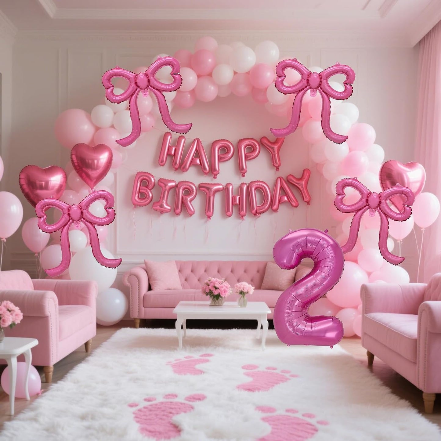 Pink Happy Birthday Balloons Banner, Giant Pink Bow Foil Balloons Number 2 Balloon Party Decor for Girls 2nd Birthday BST220