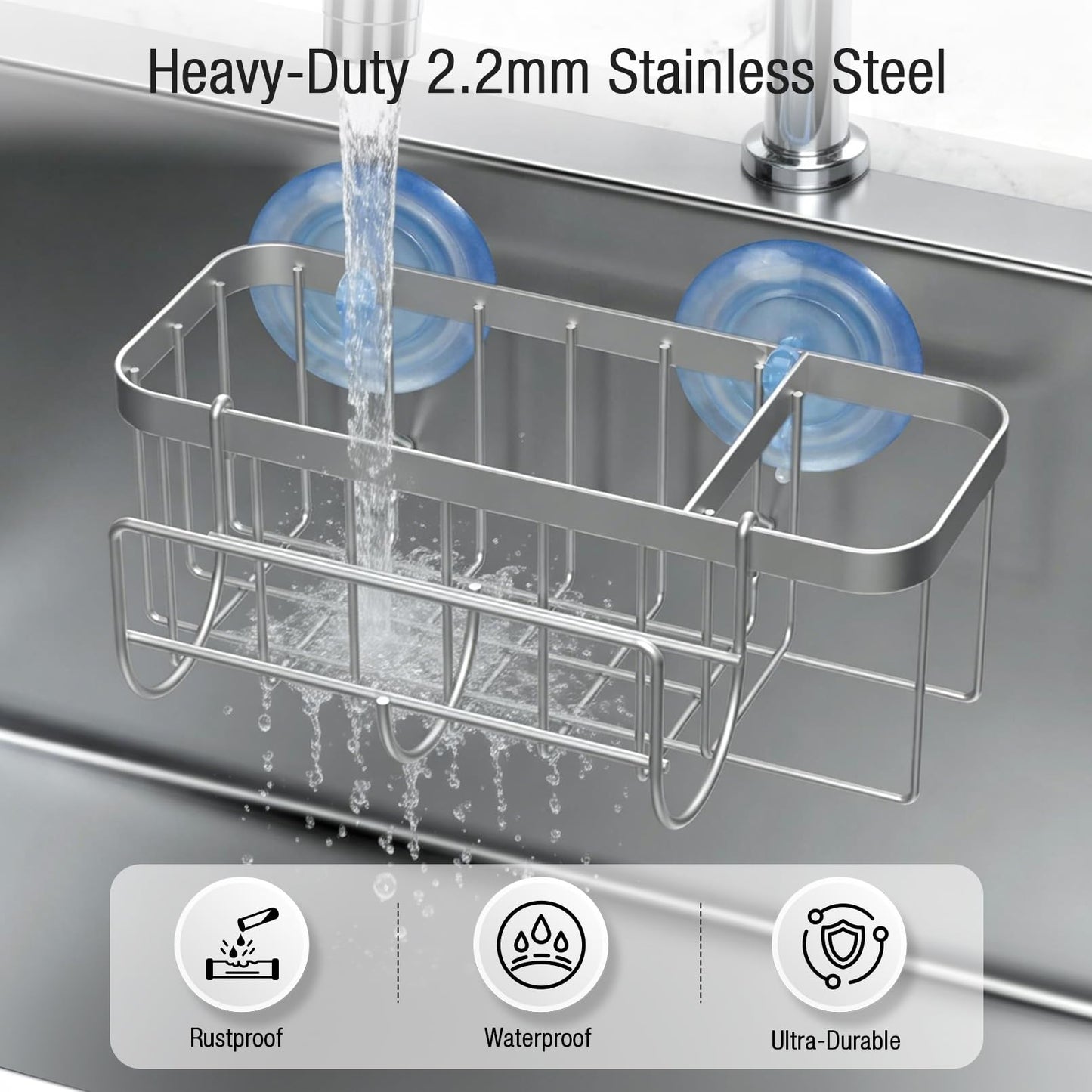 3-in-1 Kitchen Sink Caddy Organizer with Sponge Holder, Brush Holder, Extra Rack for Scrubber, Sink Stopper, Dish Cloth Hanger - Strong Dual Suction Cup, 2.0mm SUS304 Stainless Steel - Grey WN420