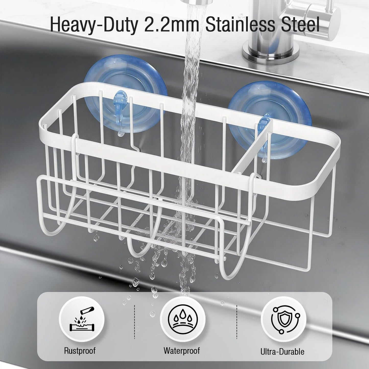 3-in-1 Kitchen Sink Caddy Organizer with Sponge Holder, Brush Holder, Extra Rack for Scrubber, Sink Stopper, Dish Cloth Hanger - Strong Dual Suction Cup, 2.0mm SUS304 Stainless Steel - Grey WN420