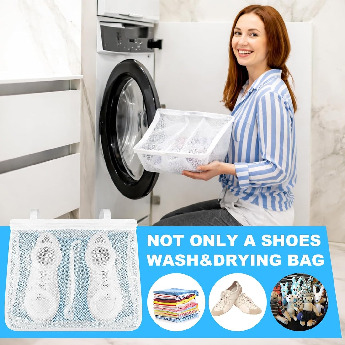 SATINIOR 2 Pack 2-in-1 Shoe Dryer Laundry Bag 14.2 x 12 Inch Sneaker Dryer Shoe Bag Laundry Bags Washable and Tumble Sneaker with Adjustable Straps Protective Mesh Bags, White BST326H