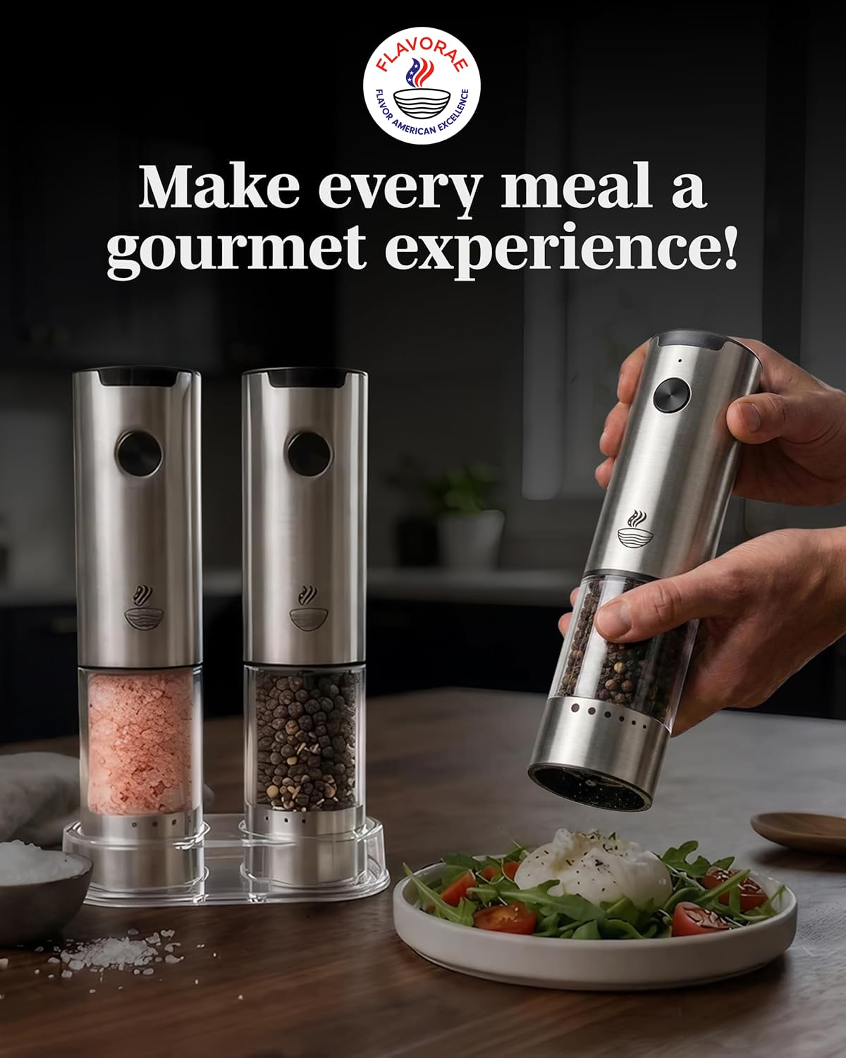 Electric Salt and Pepper Grinder Set - Black 2 Pack Battery Operated Mills with 95ml Large Capacity, Adjustable Coarseness, Built-in LED Light, Automatic Salt & Pepper Shakers for Kitchen BST220