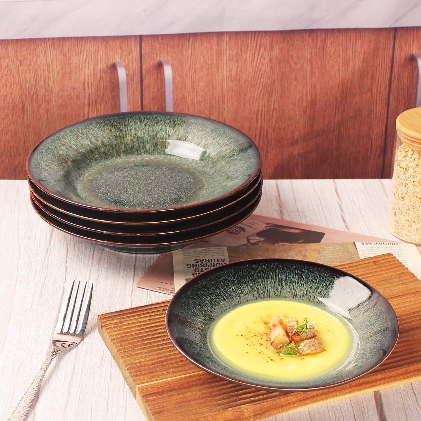 Ceramic Rimmed Soup Plate, Soup Bowl 6.4 oz, Pasta Bowl Set of 4, Shallow Bowl Plate with Rim, Best choice for high-end restaurants, hotels, and foodies, Teal reactive glaze, 9.3 Inch BST202