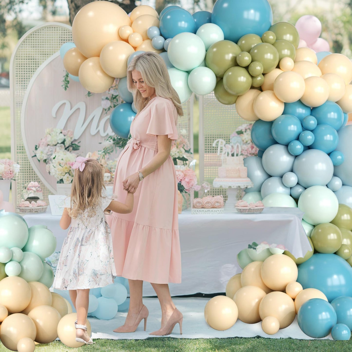 Dusty Green Blue Balloon Arch Kit, Fog Green Dusty Water Blue Beige Ivory Latex Balloons Garland Kit for Women Men Neutral Birthday Wedding Baby Bridal Shower Jungle Safari Party Decorations WN420