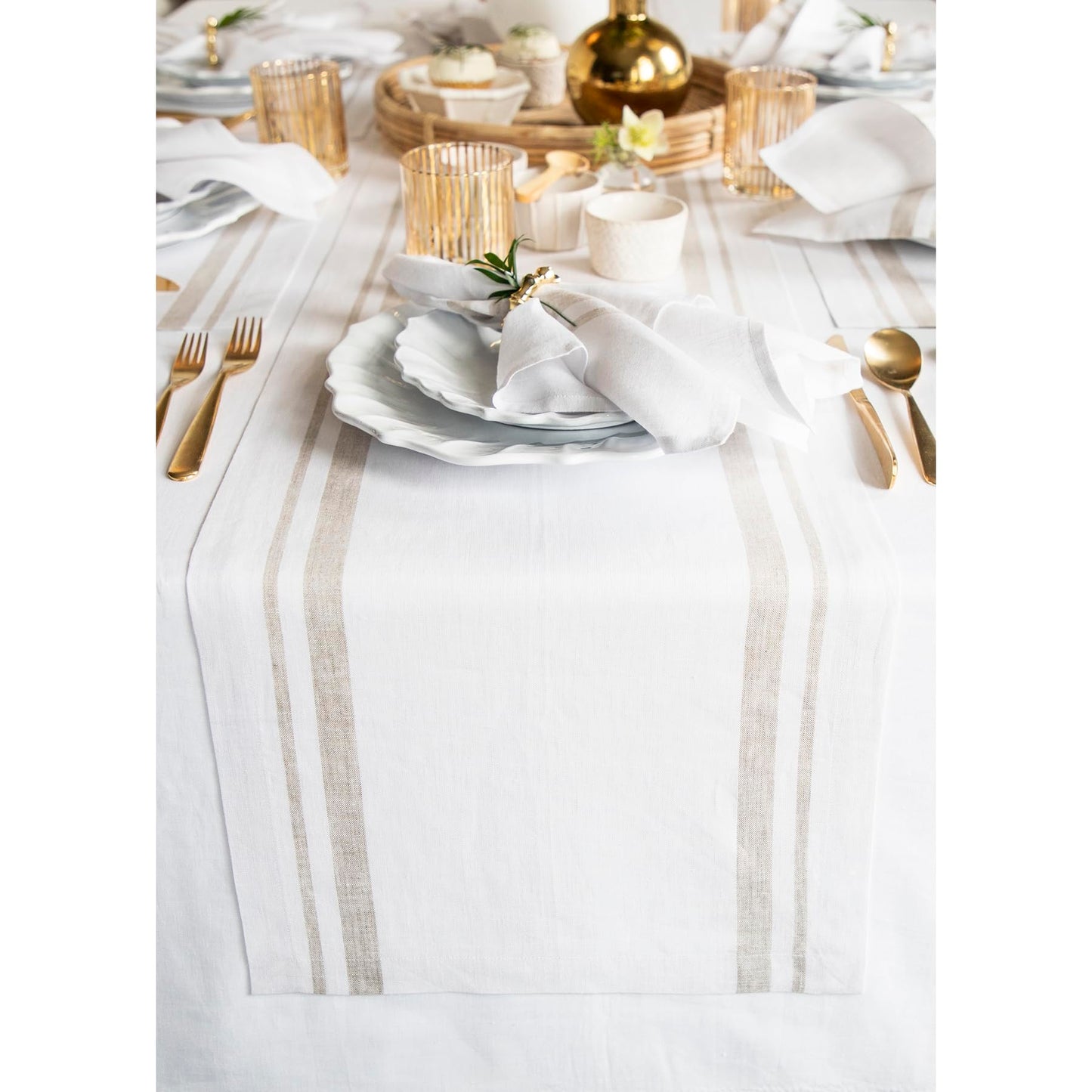 Solino Home 100% Pure Linen Table Runner, 14 x 60 in, Black, French Stripe | Table Runners for dining, hallway and console tables | woven stripe, mitered corners | Black and White | OEKO-TEX Certified BST326SOLH