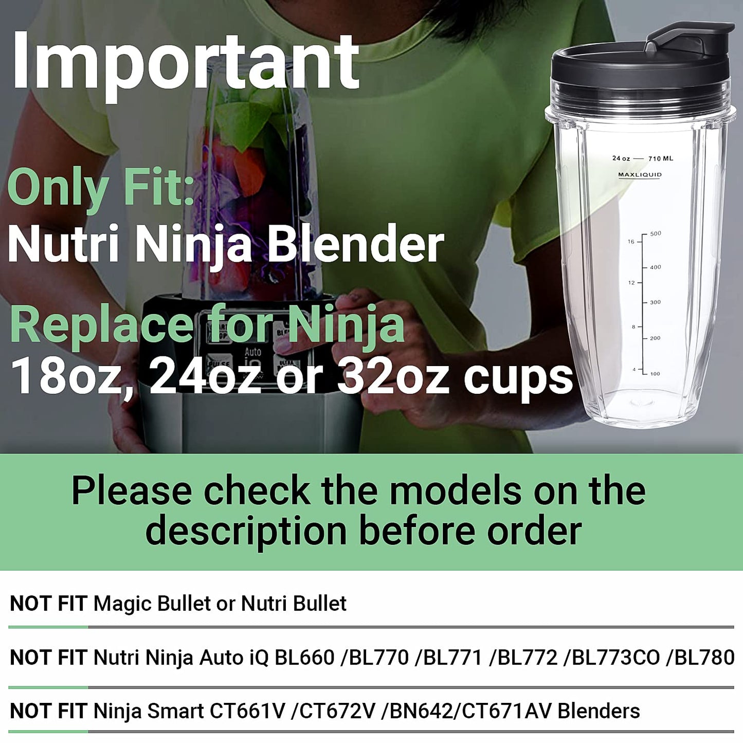 Replacement 24oz Blender Cup For Ninja BN401 BN751 BN801 BN800 BL450 BL456 BL480 Foodi SS401 SS101 TWISTi SS151 SS351 Cups Nutri Ninja Auto IQ Parts Lids Upgraded (2 Pack) BST220