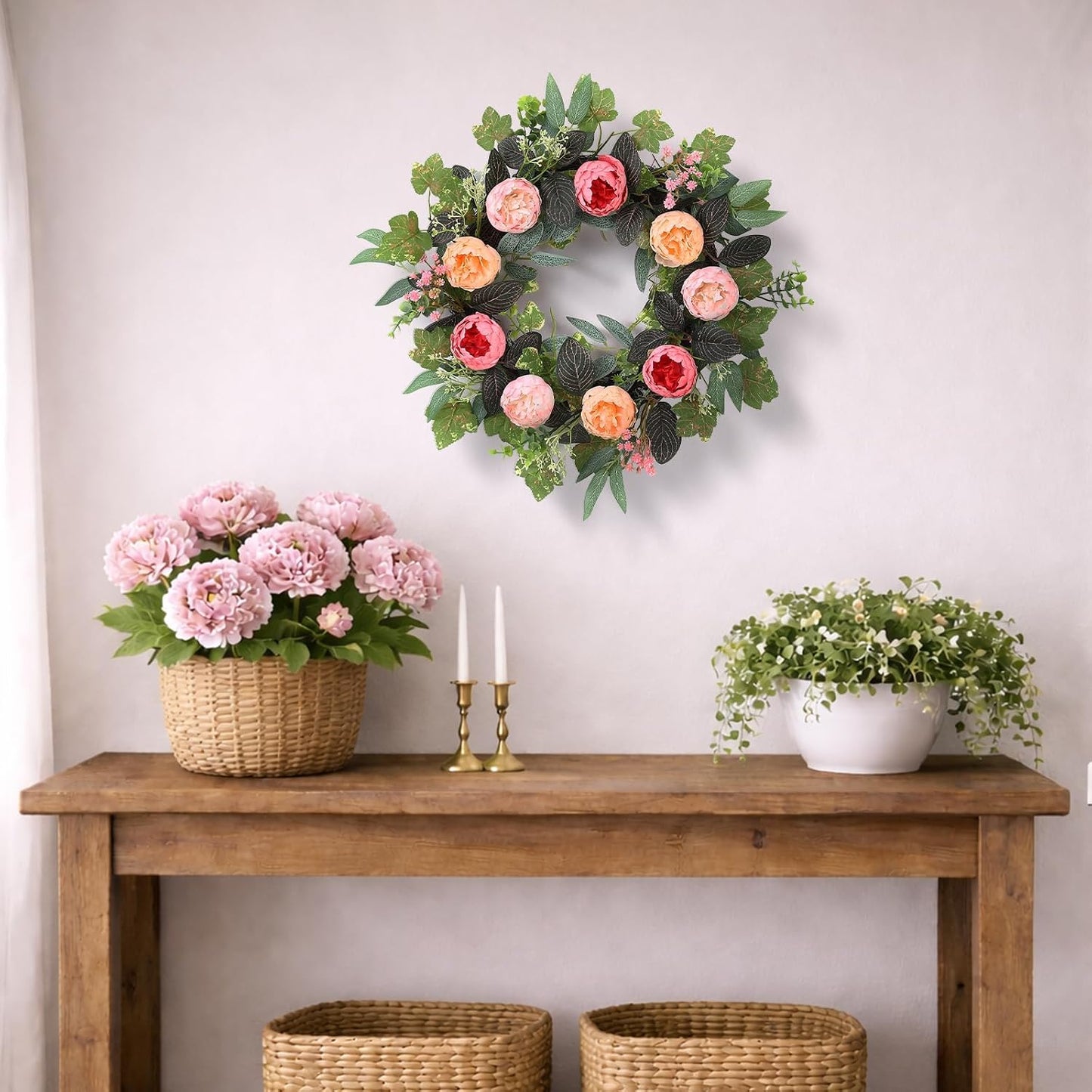20" Peony Wreath for Front Door – Spring Summer Artificial Pink Peony Floral Wreath for Wall, Window, and Wedding Decor WN420
