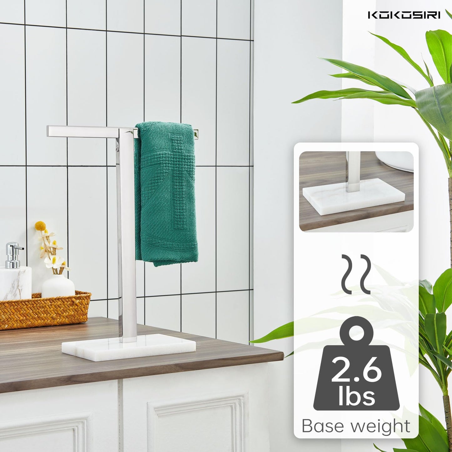 KOKOSIRI Hand Towel Holder Black Stand Towel Rack with Marble Base for Bathroom Kitchen Vanity Countertop, Stainless Steel 15.7'' Height THS0002-SM-BK BST202